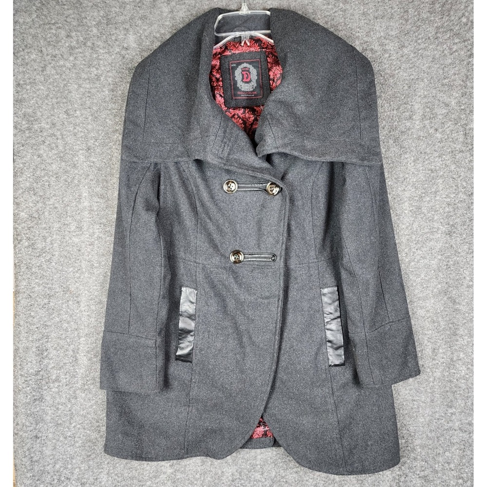 Dollhouse Peacoat Overcoat Women Medium Grey Wool Blend Faux Leather Trim